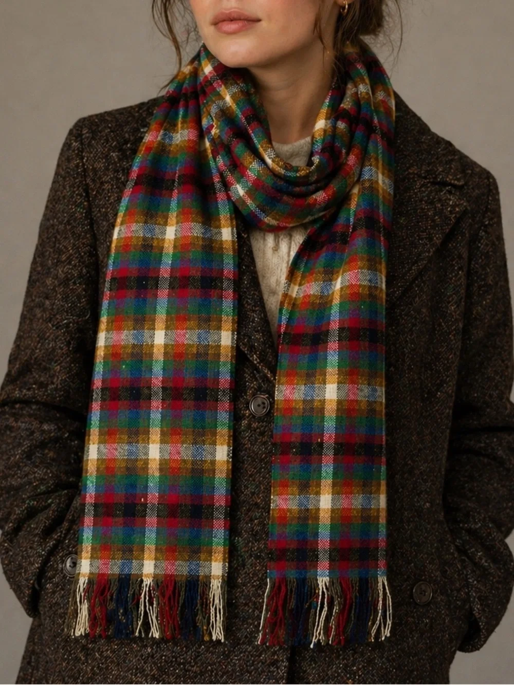 Donegal Handwoven Irish Wool Tweed Plaid Scarf Red Green Tartan Fringe Academia
